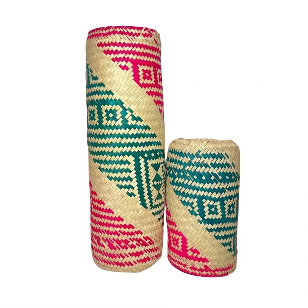 PALM LEAF BOTTLE BASKET PINK/GREEN/NATURAL OAXACA‎ MÉXICO ORGANIC HANDMADE BOHO